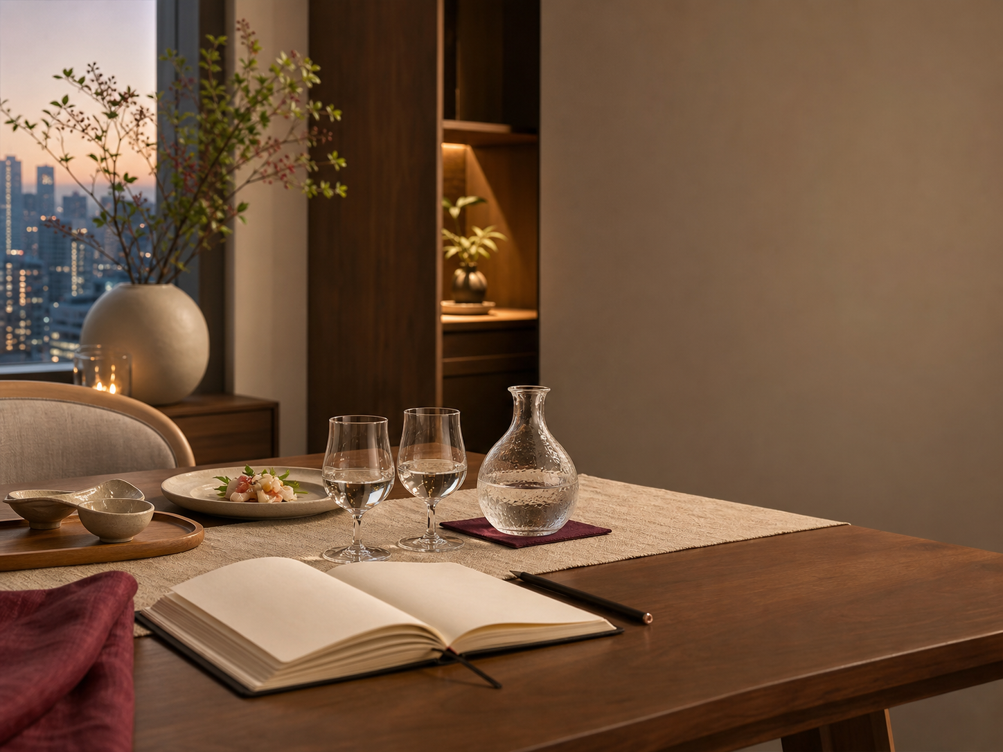 Contemporary dining table set for a sake consultation